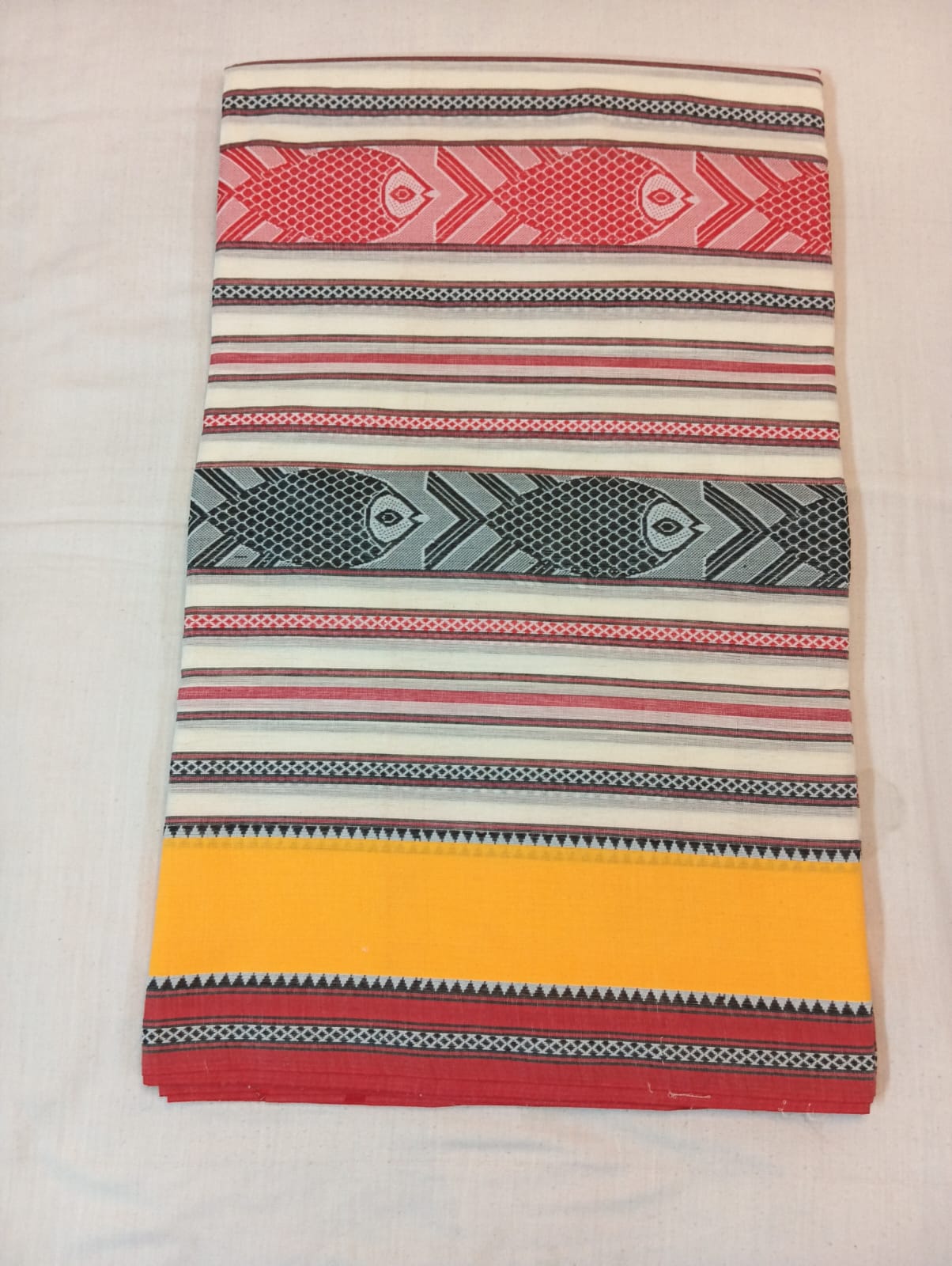 Cream Handloom Saree with Red & Grey Matsya Motifs and Yellow Border