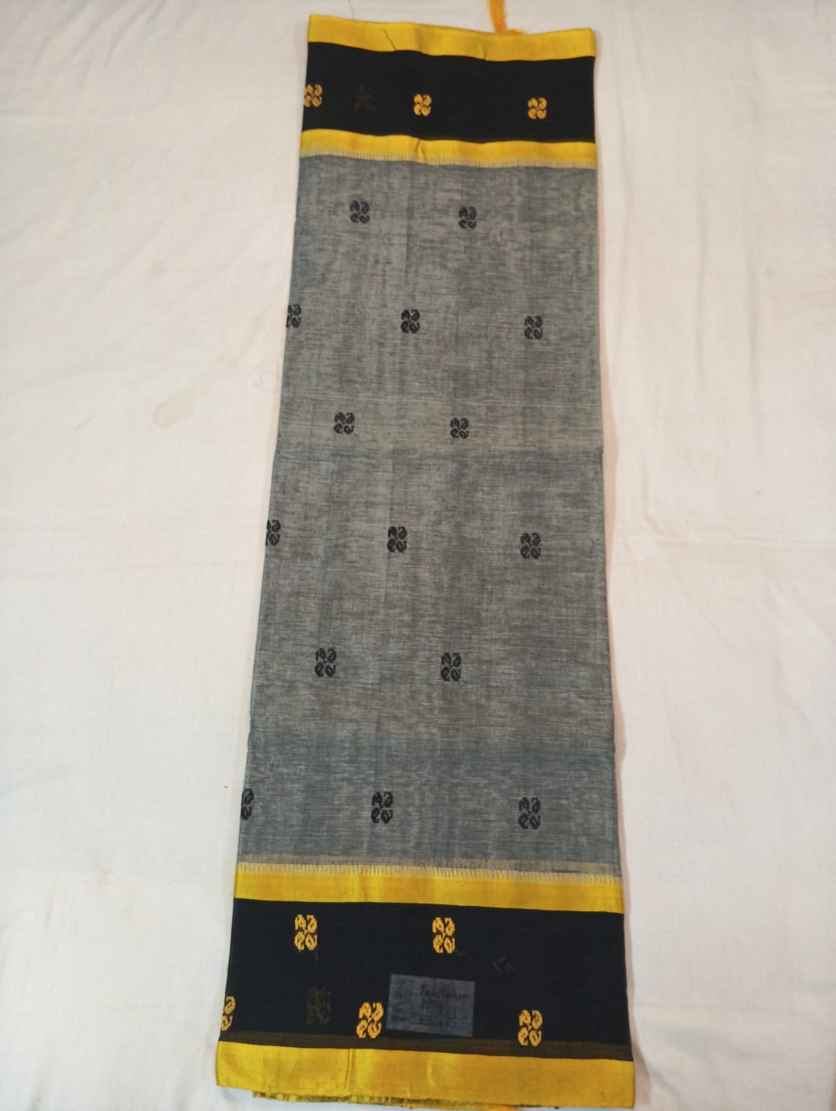 Grey Handloom Buti Saree with Golden Strip and Black Border with Golden Buti