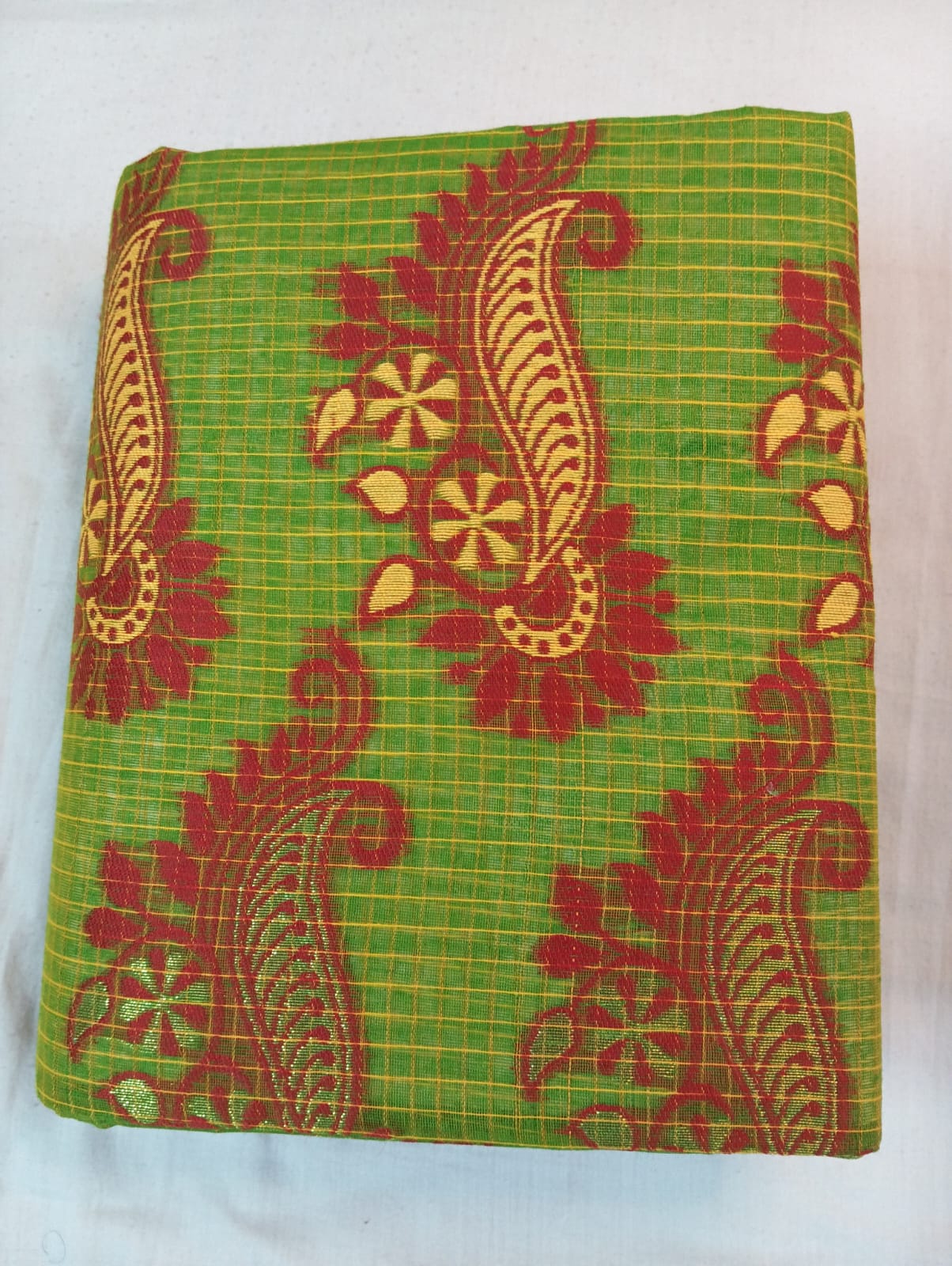 Parrot Green Kota Check Saree with Yellow & Maroon Buti, Maroon Border & Rich Pallu