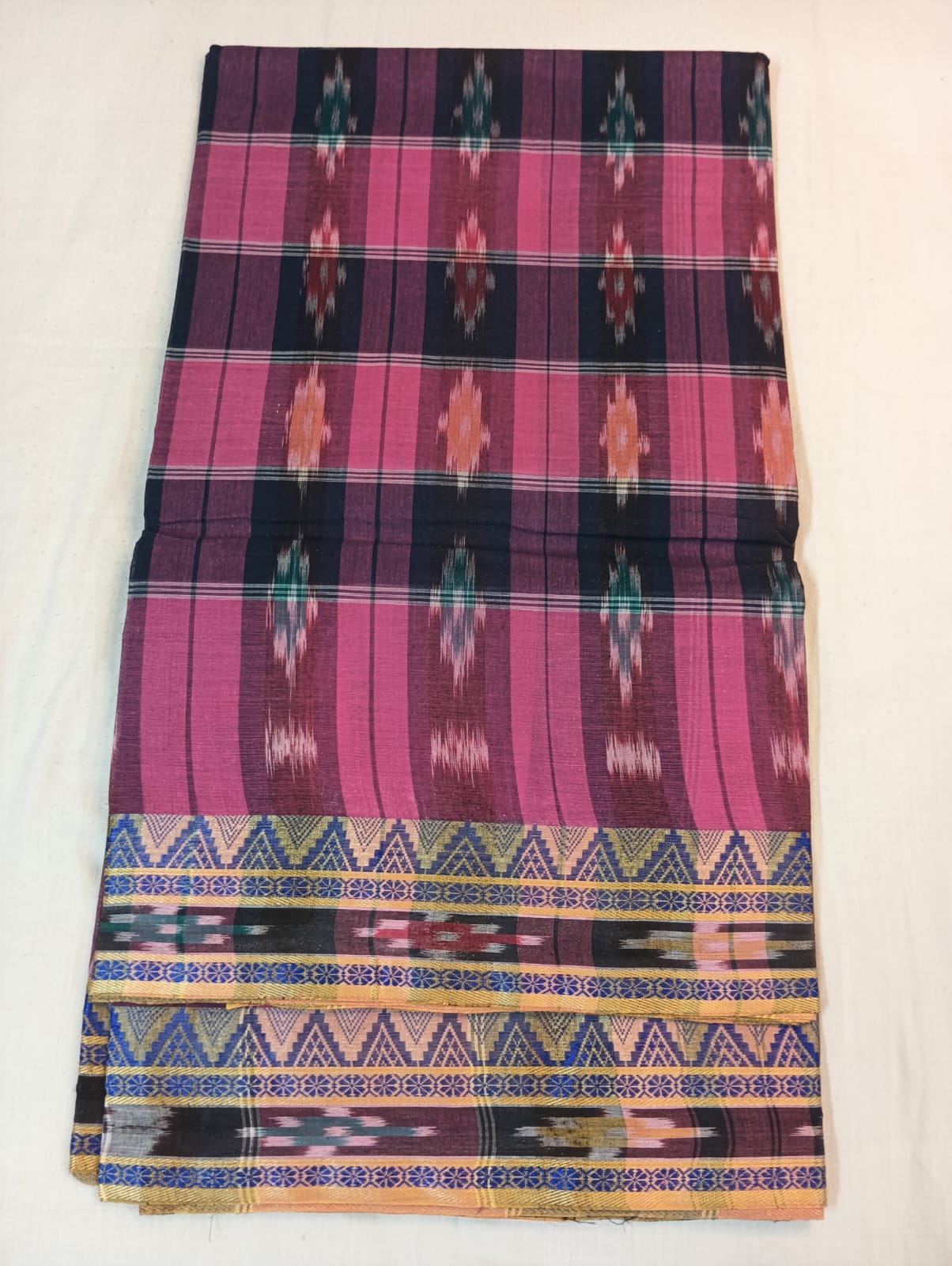 Pink Kotki Saree with Purple Stripe Temple Border