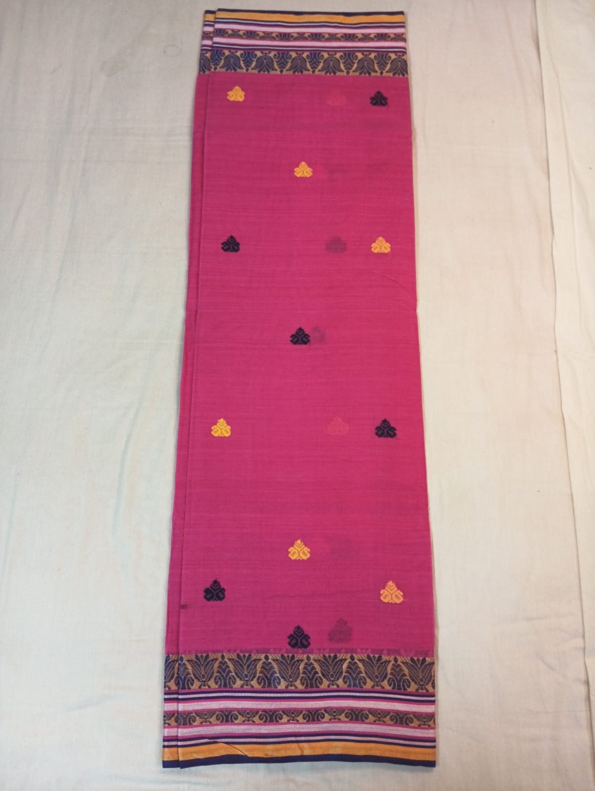 Pink Saree with Black & Yellow Buti and Fancy Zari Border