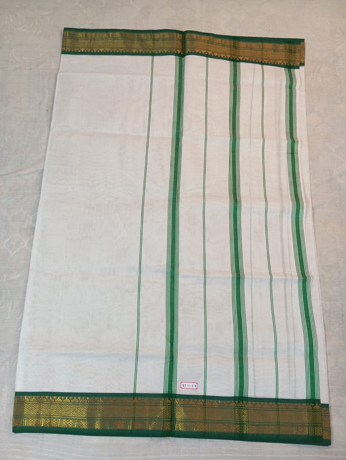 Elegant White Saree with Green & Golden Border (With Blouse Piece)