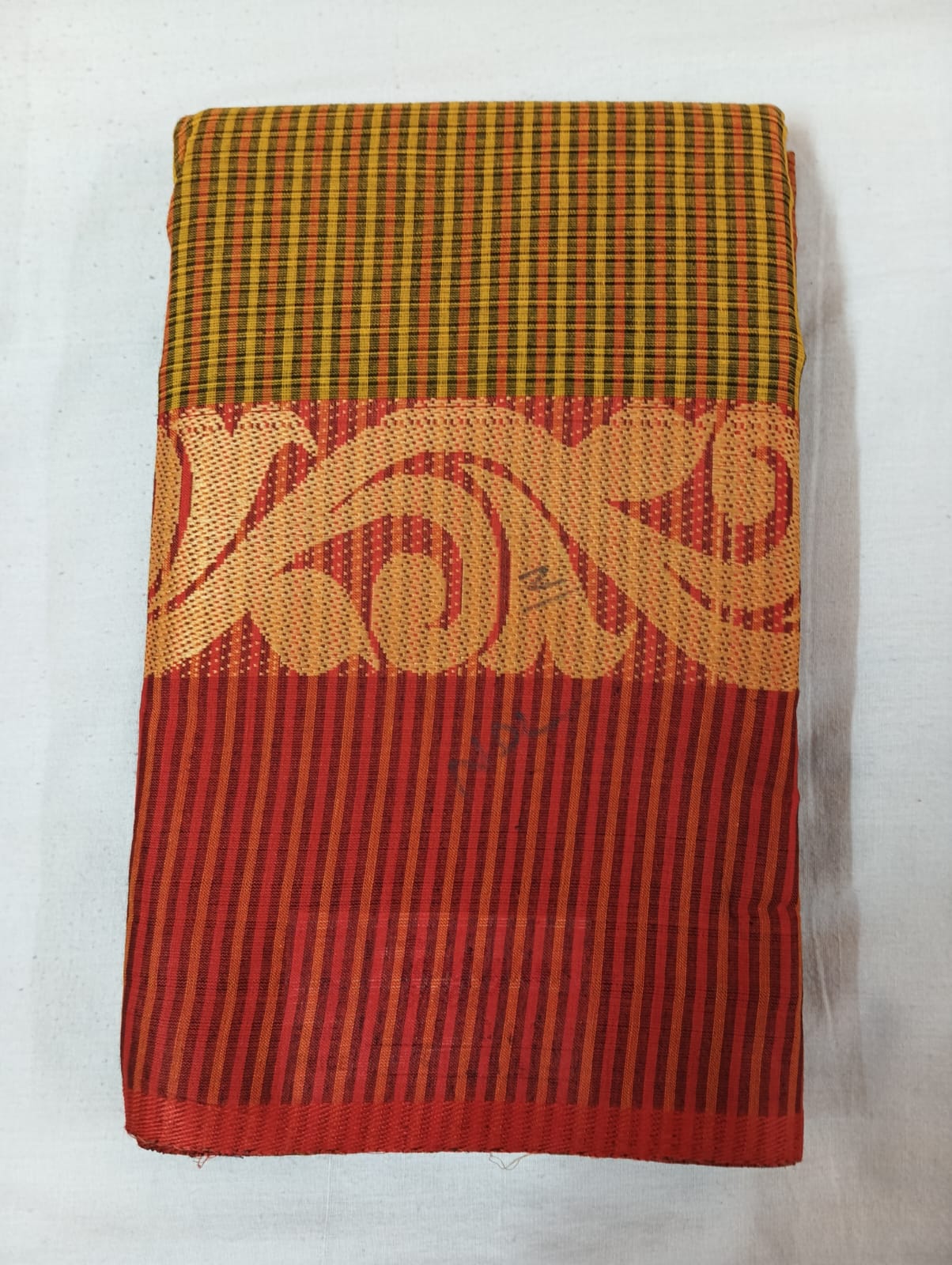 Black & Light Yellow based Cotton Handloom Striped Saree with Red Designer Border