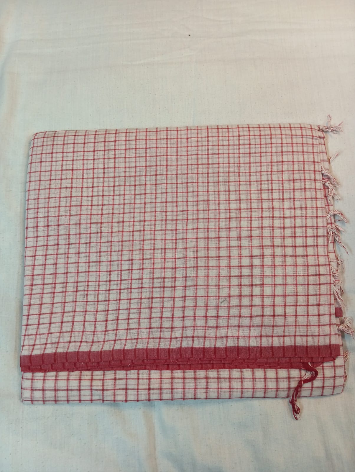 White Saree with Red Checks & Red Border