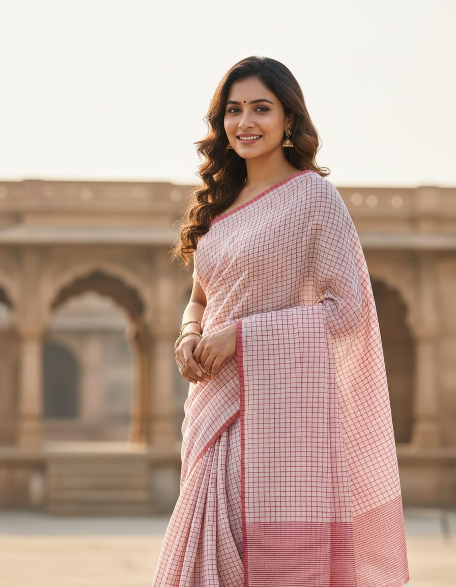 White Saree with Red Checks & Red Border