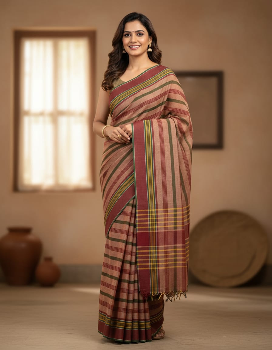 Green & Maroon Striped Saree with Dark Brown Border on Light Brown Base