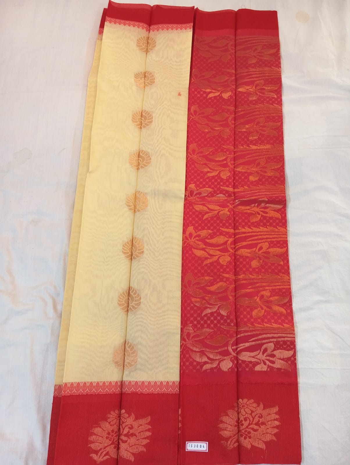 Cream Handloom Saree with Golden Buti and Red Border