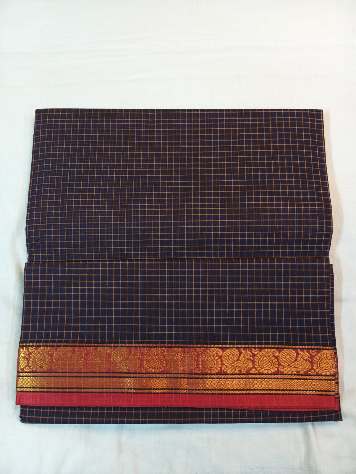 Coffee Brown Check Saree with Red & Golden Border