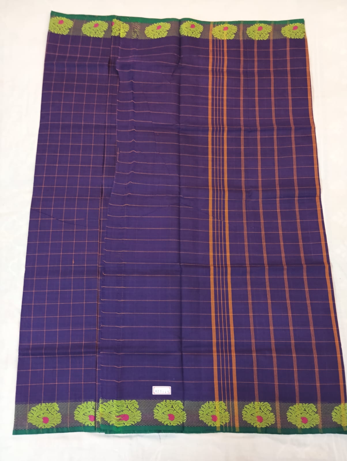 Violet Medium Check Saree with Green & Golden Fancy Border (With Blouse Piece)