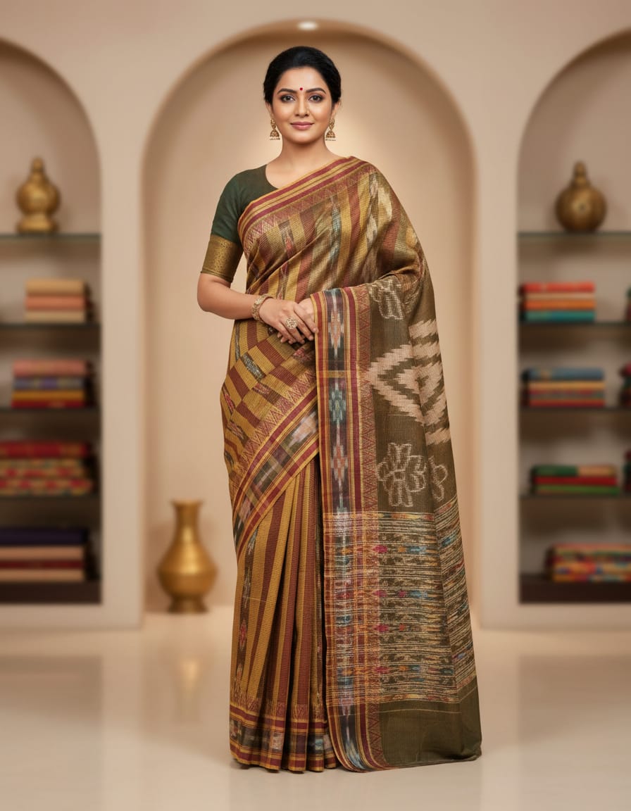 Maroon & Biscuity Handloom Kotki Saree with Green Border & Kotki Anchal
