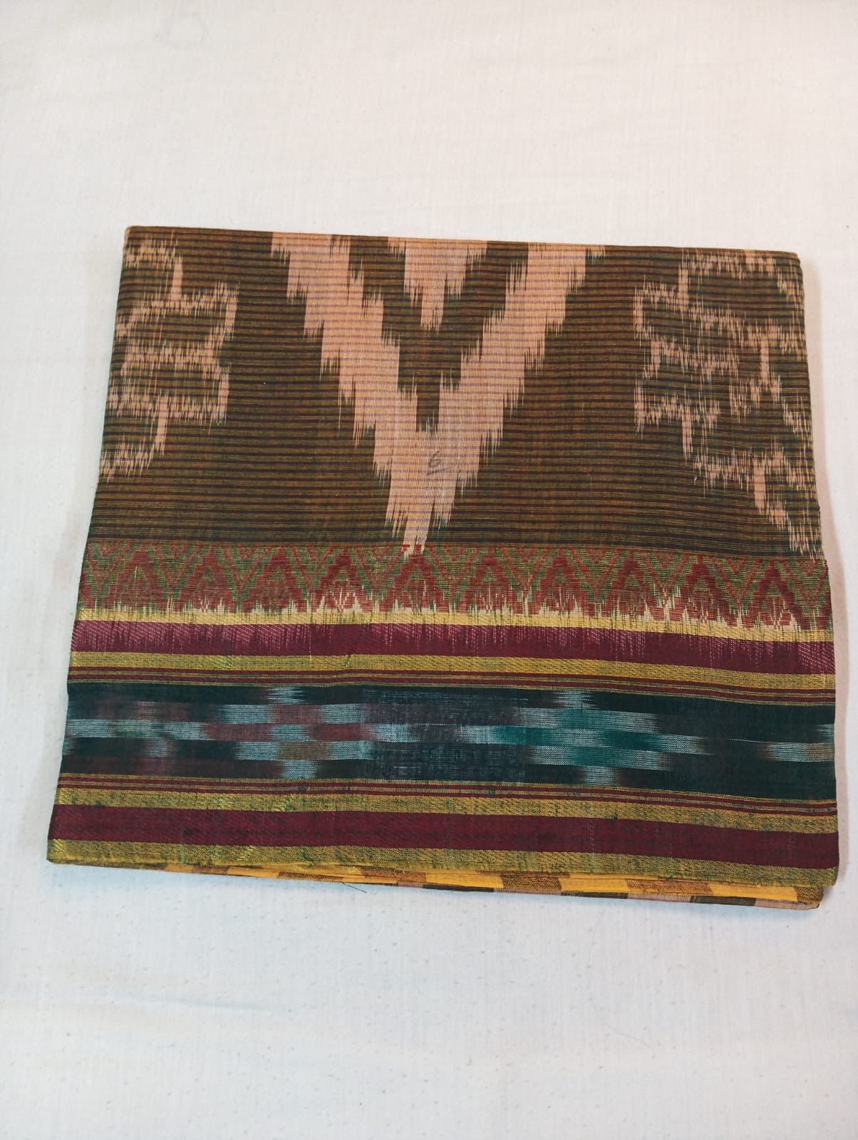 Maroon & Biscuity Handloom Kotki Saree with Green Border & Kotki Anchal