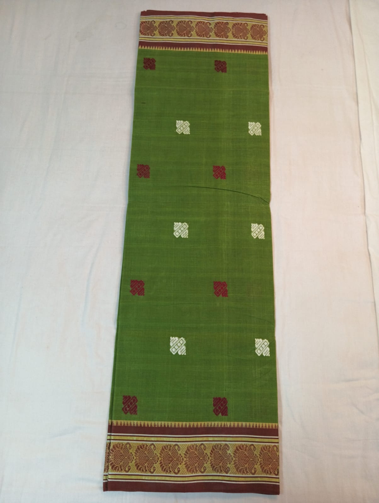 Mehendi Green Saree with White & Maroon Big Buti and Fancy Zari Border