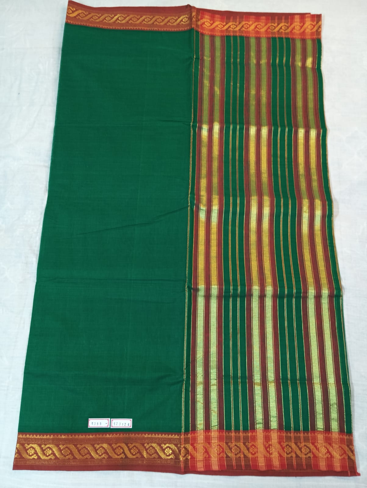 Parrot Green Saree with Red Border & Golden Striped Anchal