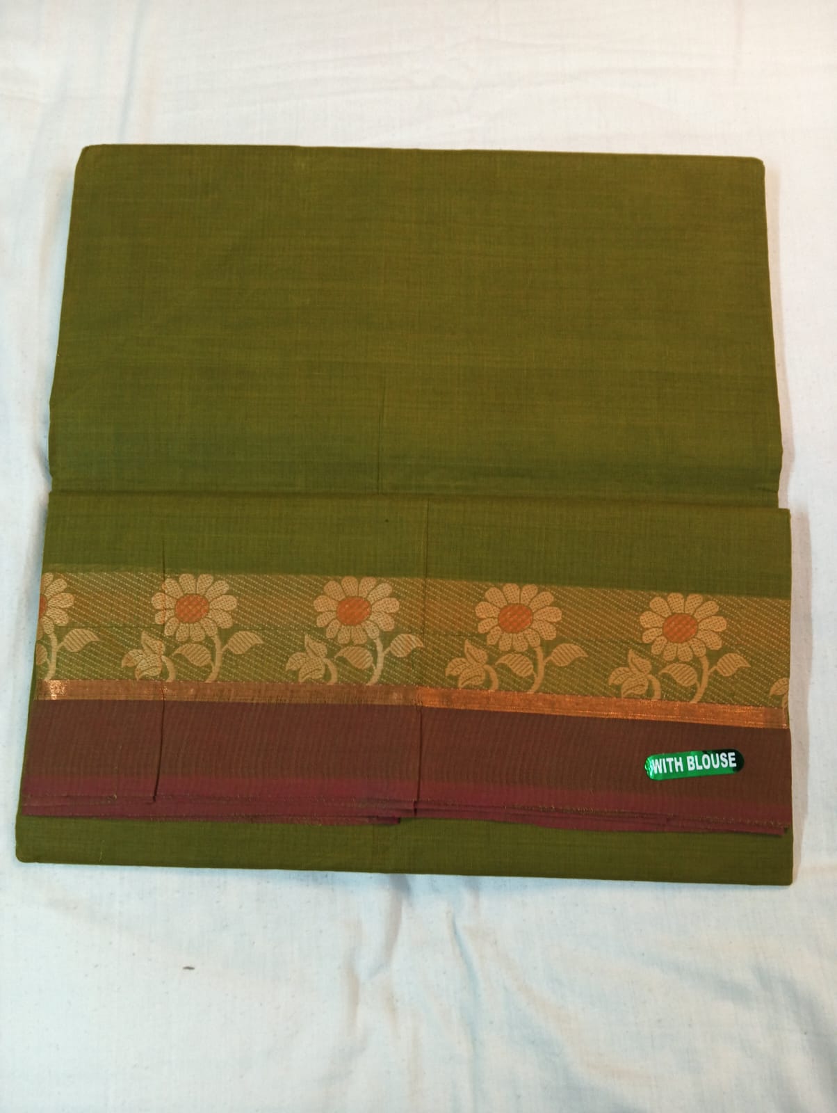 Mehendi Green Saree with Coffee brown & Golden Fancy Border (With Blouse Piece)