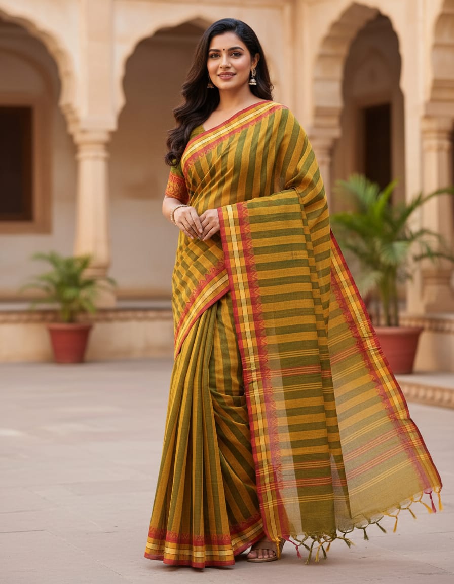 Yellow & Green Striped Saree with Red & Golden Border