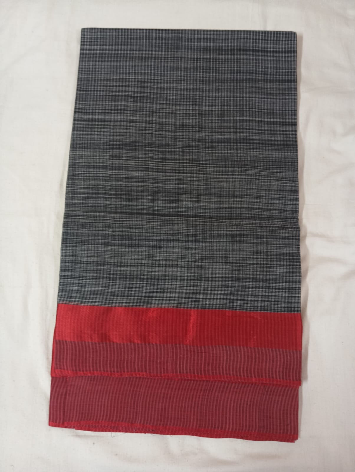 Small Chequered Dark Grey Saree with Red Border