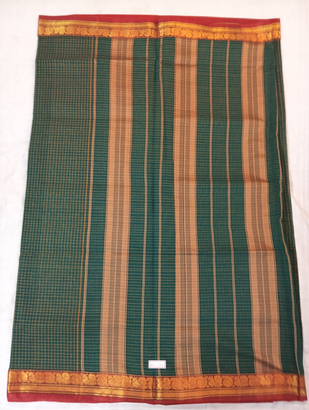 Bottle Green Check Saree with Red & Golden Border (With Blouse Piece)