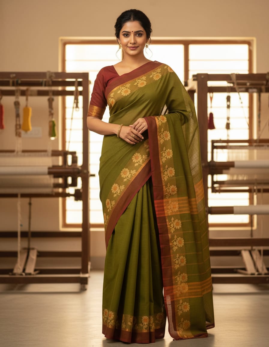 Mehendi Green Saree with Coffee brown & Golden Fancy Border (With Blouse Piece)