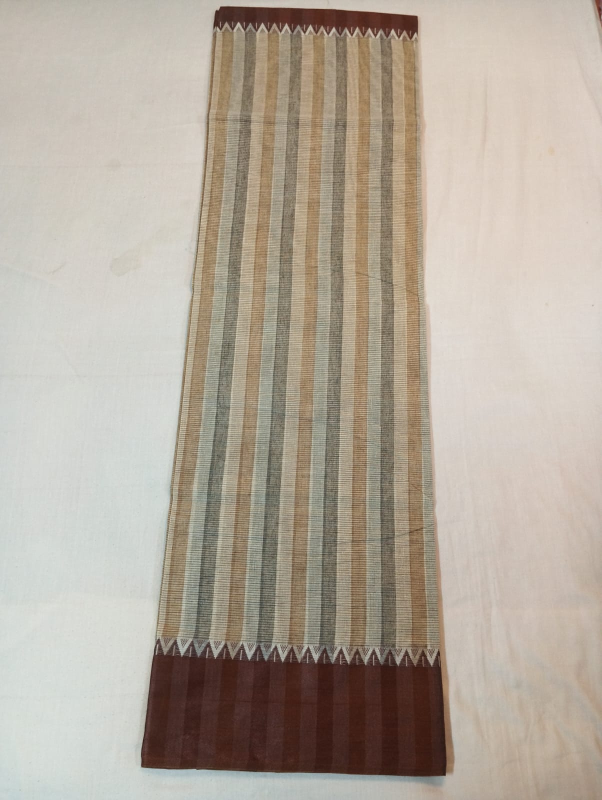 Grey & Biscuity Double-Coloured Striped Cotton Handloom Saree with Coffee Border
