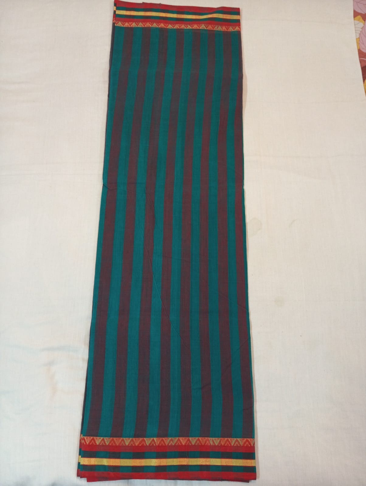 Turkish Green Striped Saree with Red & Golden Border