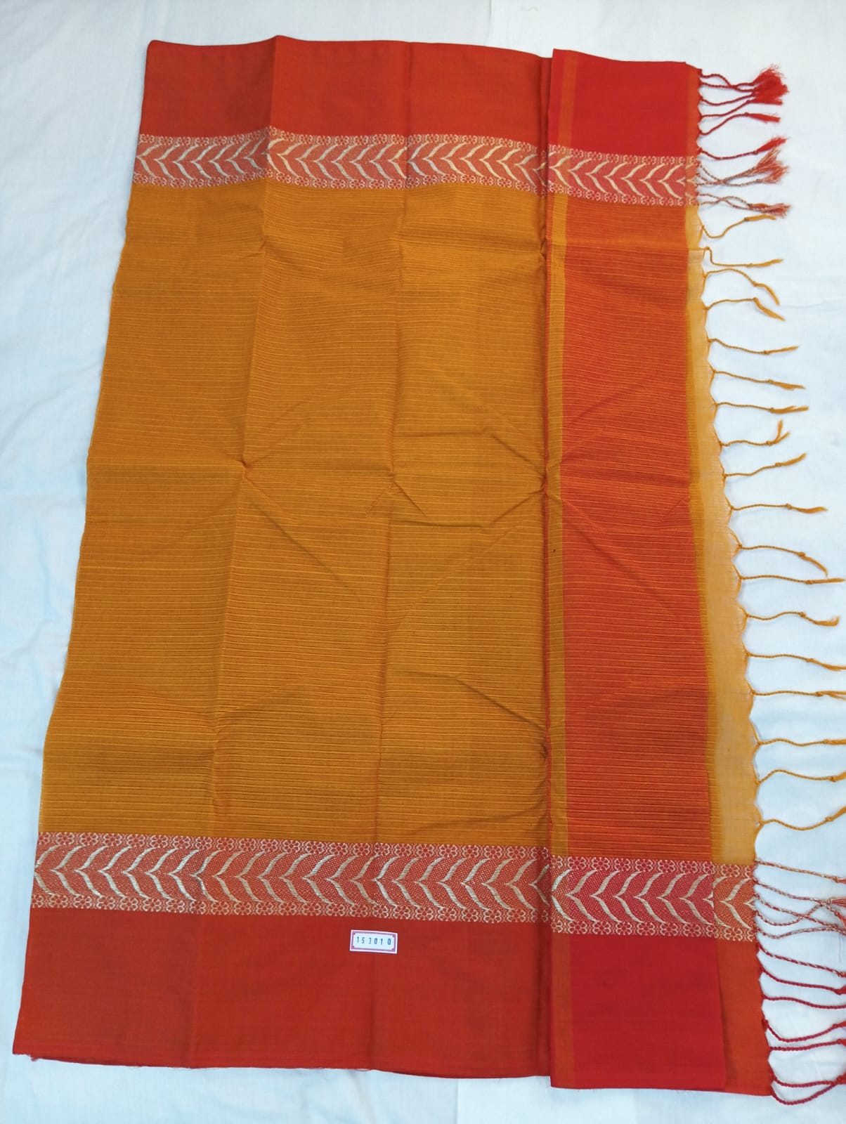 Mustard Plain Saree with Orange & Golden Border