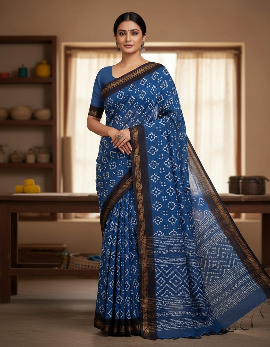 Royal Blue Jaipuri Bandhej Handloom Saree