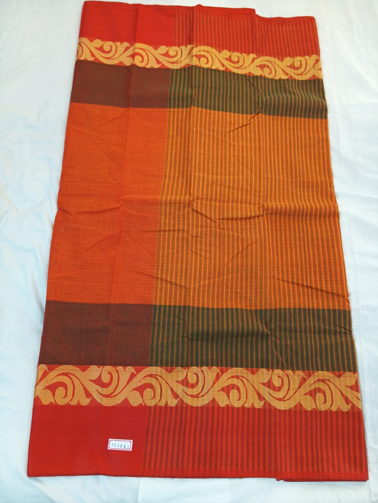 Orange & Green Dual Tone Based Cotton Handloom Striped Saree with Red Designer Border