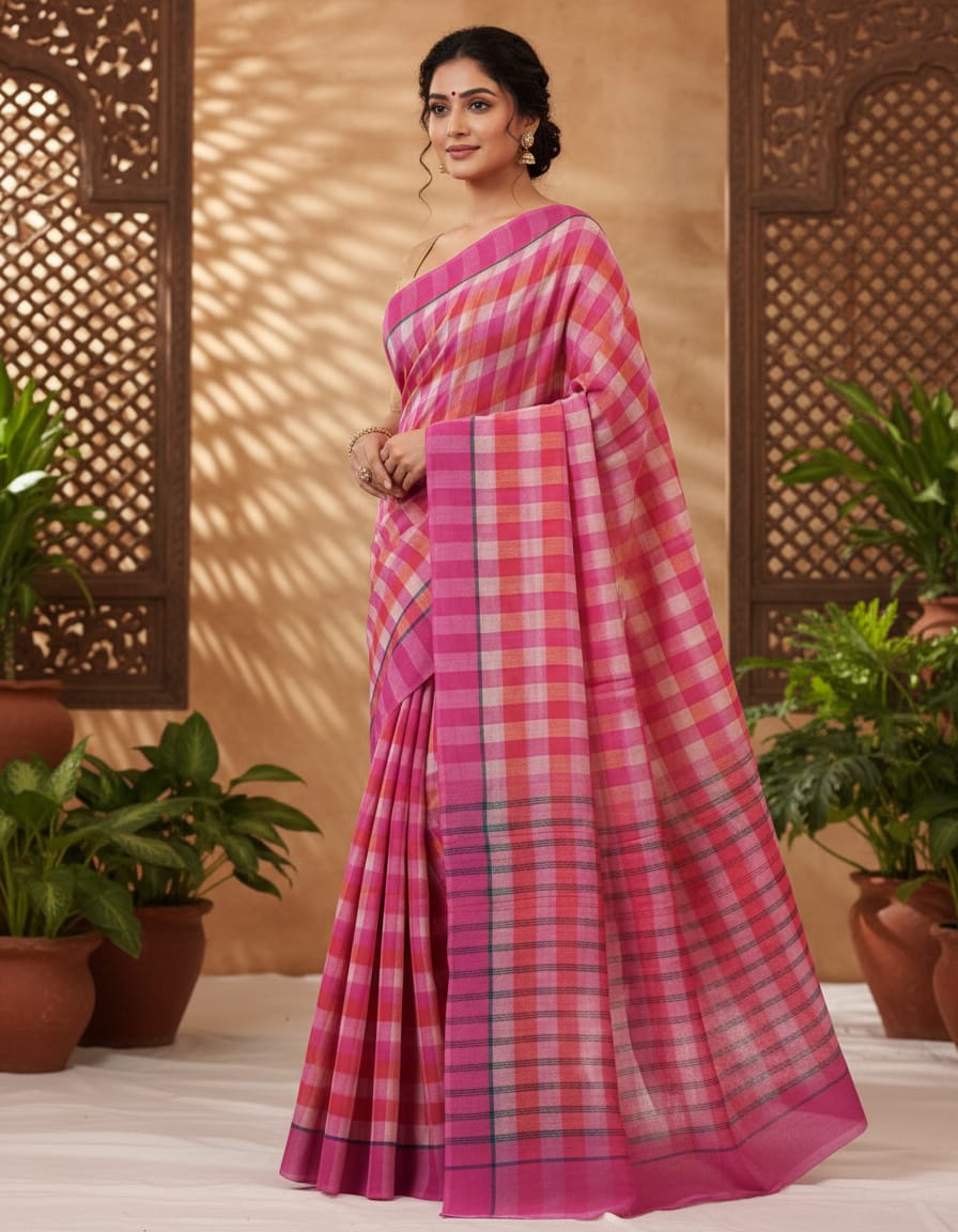 Pink & White Double Color Check Saree with Pink Border