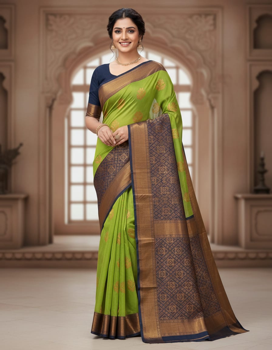 Banana Leaf Green Handloom Saree with Golden Buti and Black Border