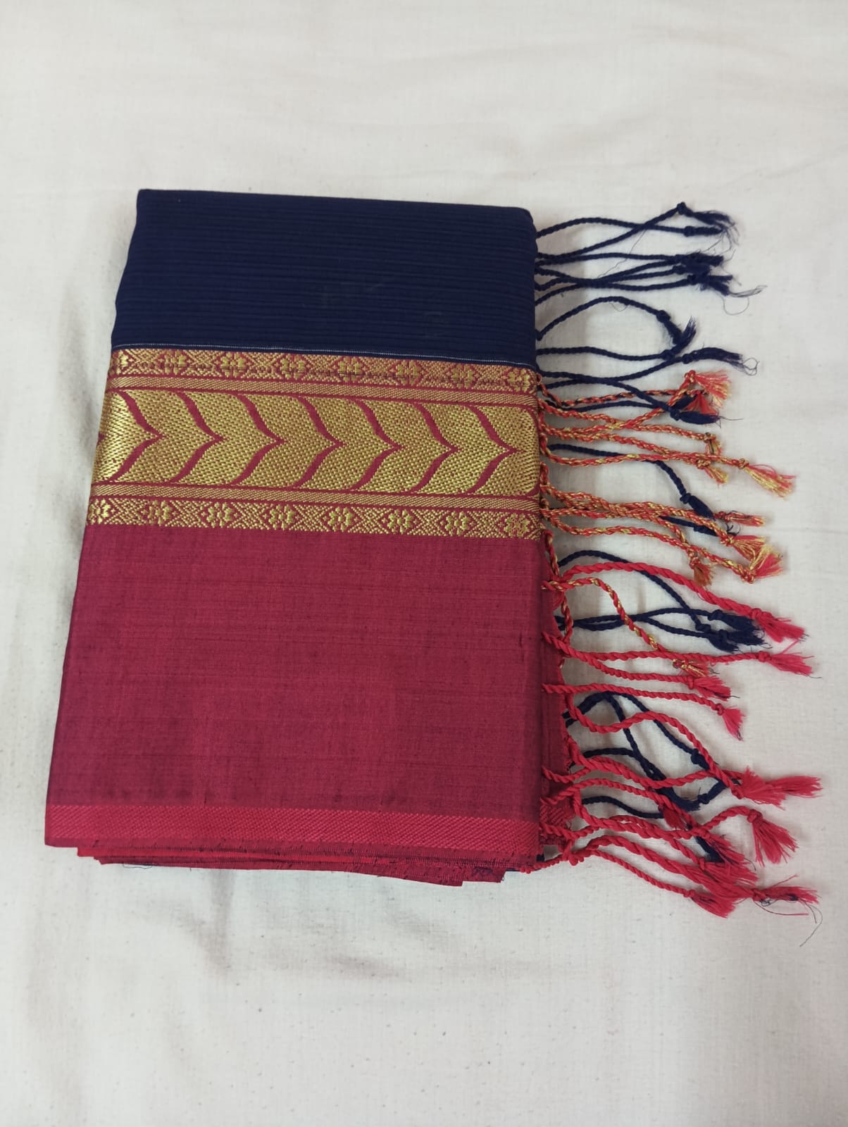 Navy Blue Saree with Golden Dark Pink Border