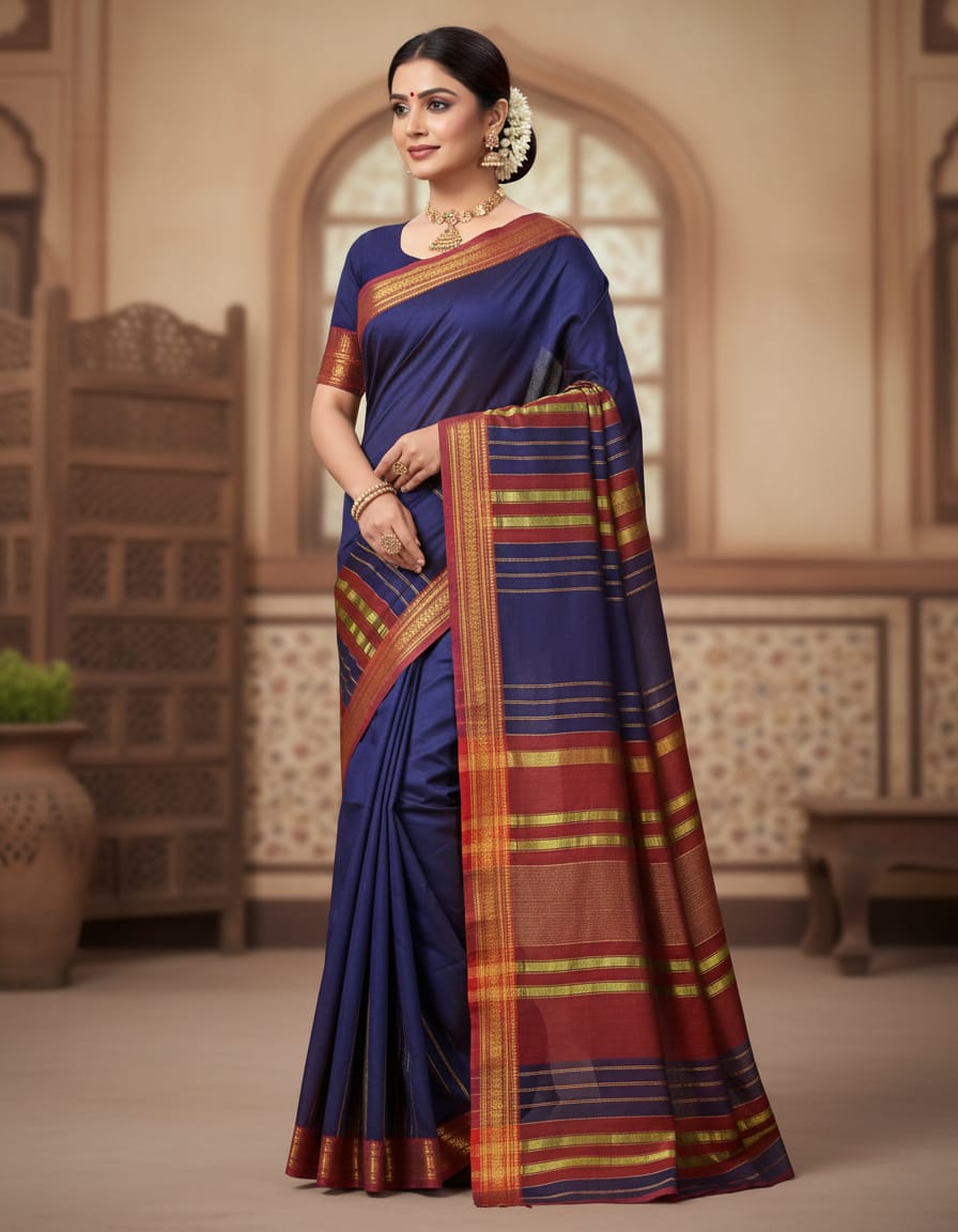 Dark Purple Saree with Maroon Border & Golden Striped Anchal