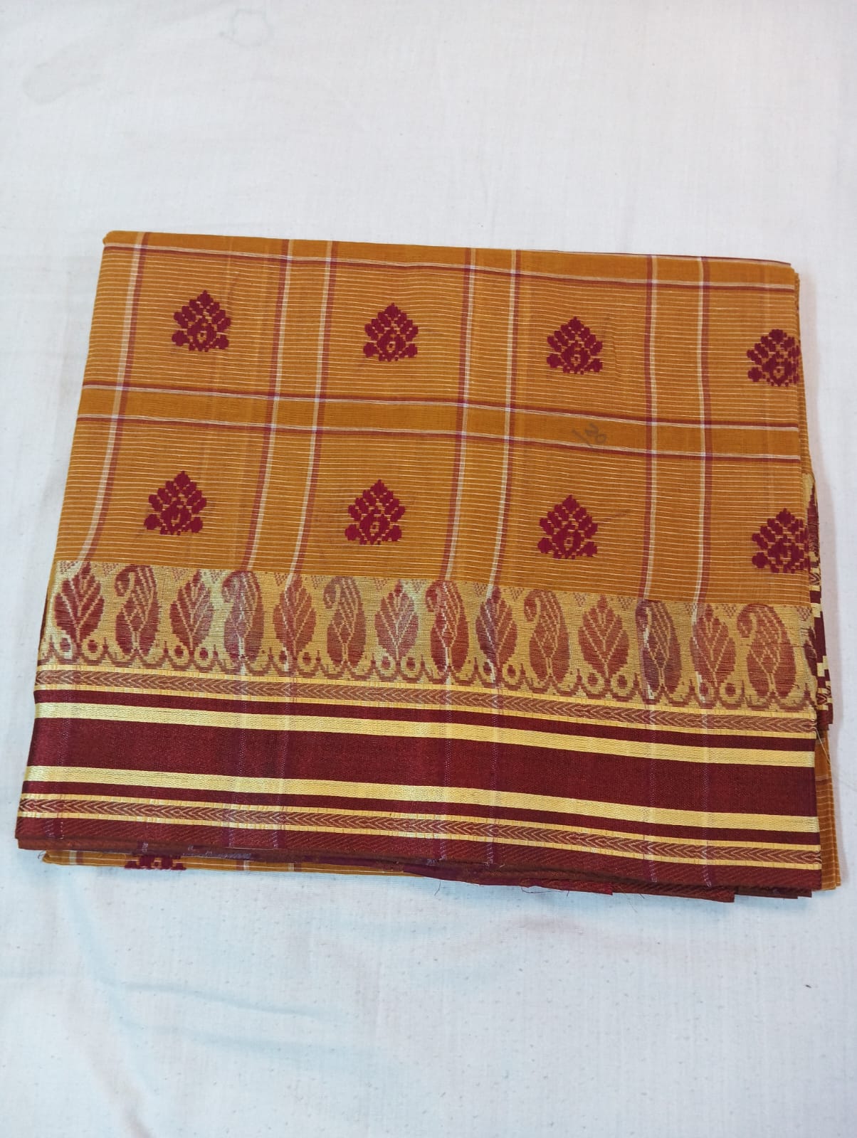 Mustard Checked Handloom Saree with Maroon Buti and Maroon Naksha Border