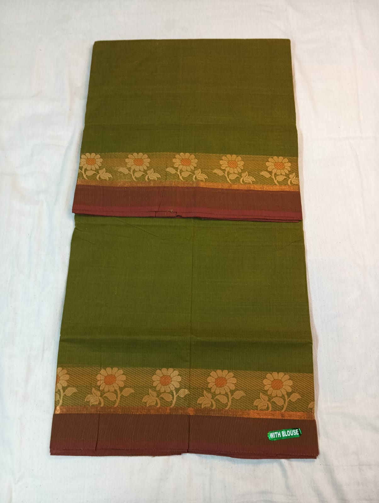 Mehendi Green Saree with Coffee brown & Golden Fancy Border (With Blouse Piece)