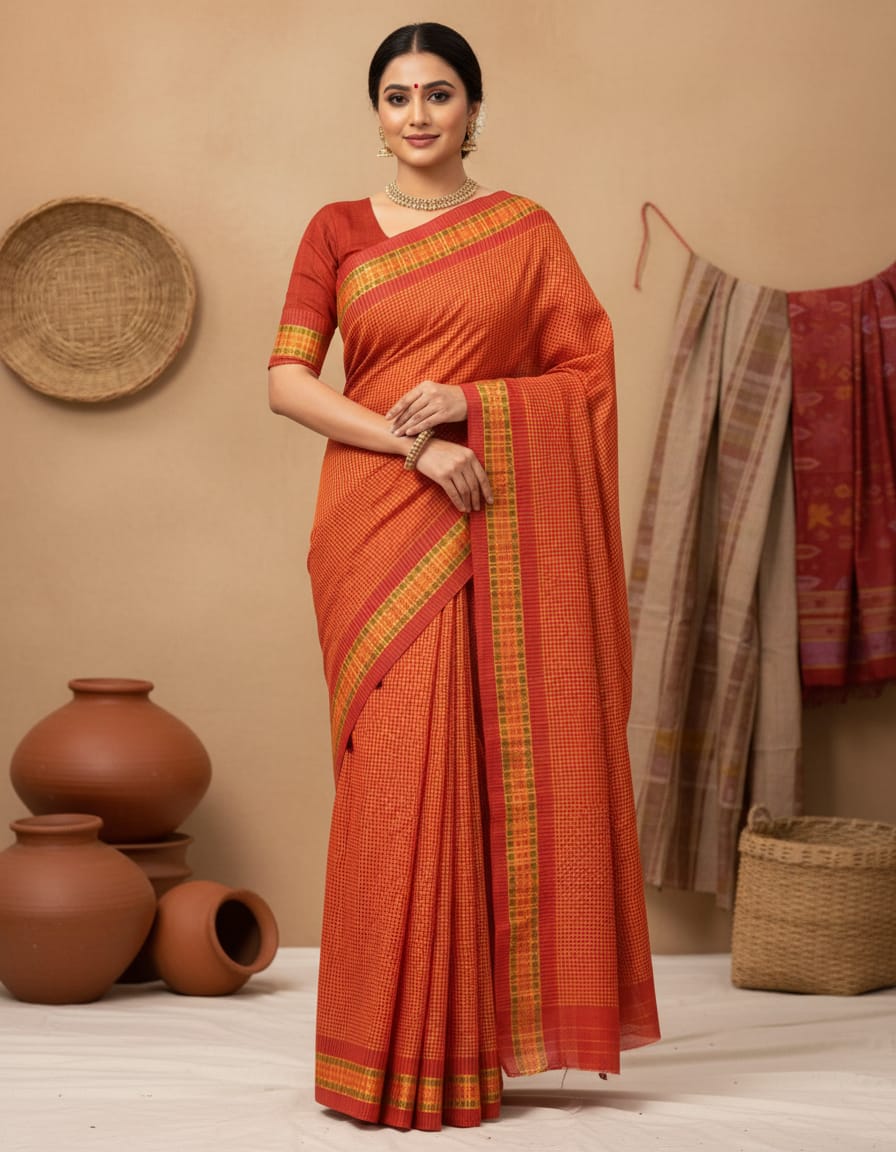 Orange Small Check Saree with Zari Border