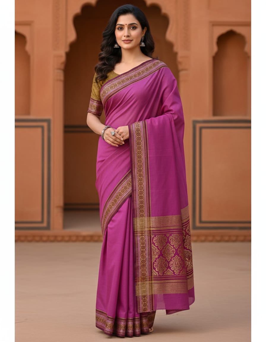 Onion Pink Saree with Golden Designer Border