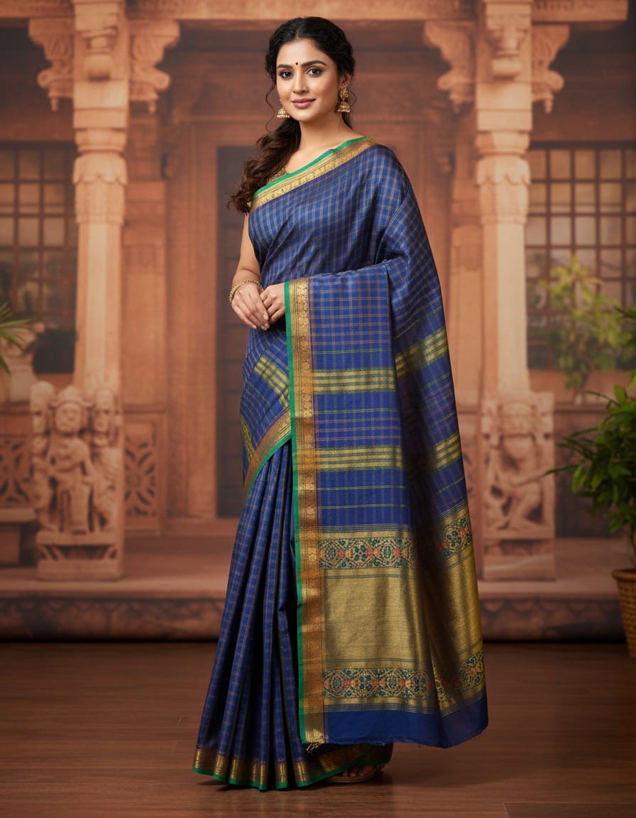 Blue Medium Check Saree with Red & Golden Border (With Blouse Piece)