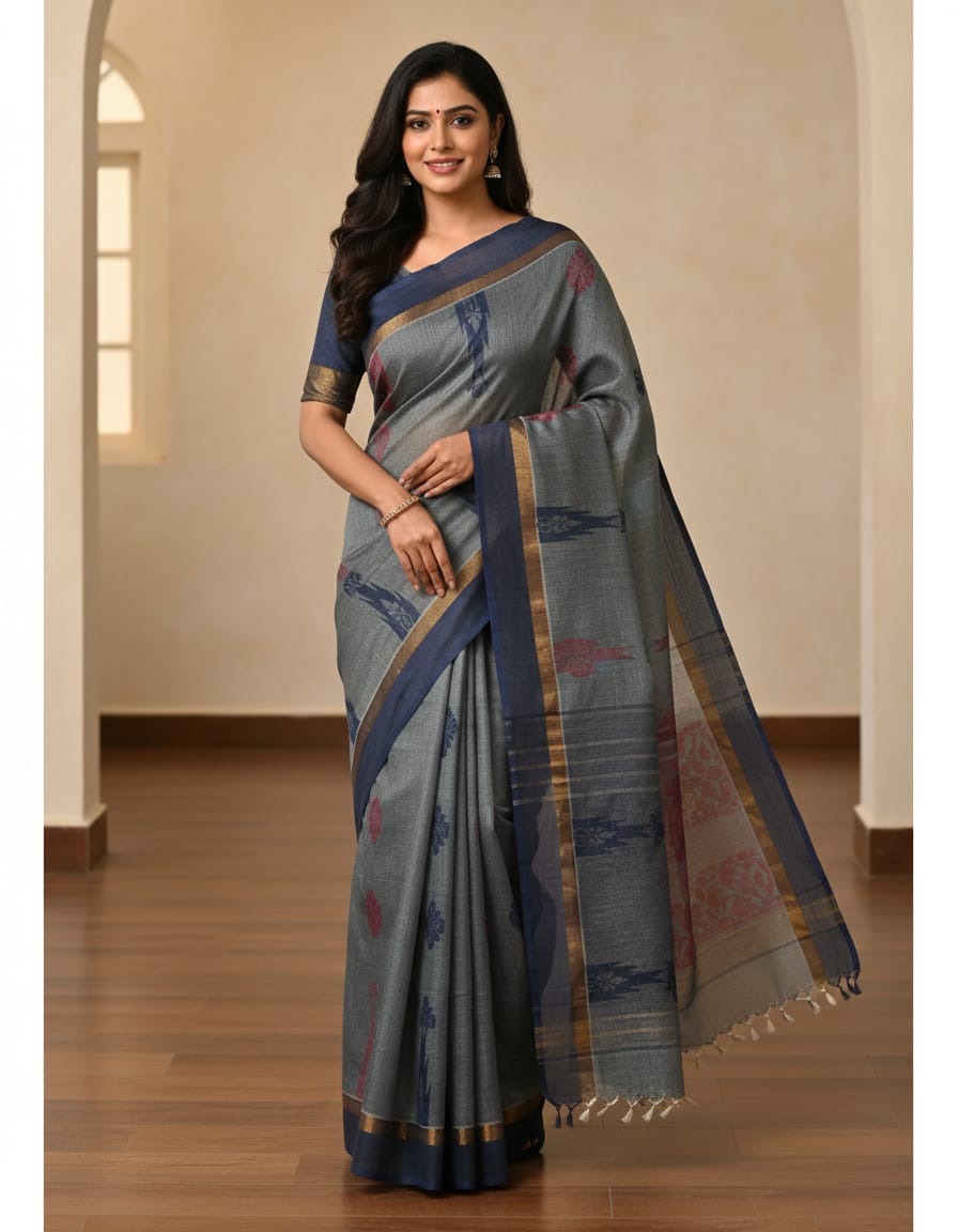 Grey Saree with Black Fancy Border & Rich Pallu (With Blouse Piece)