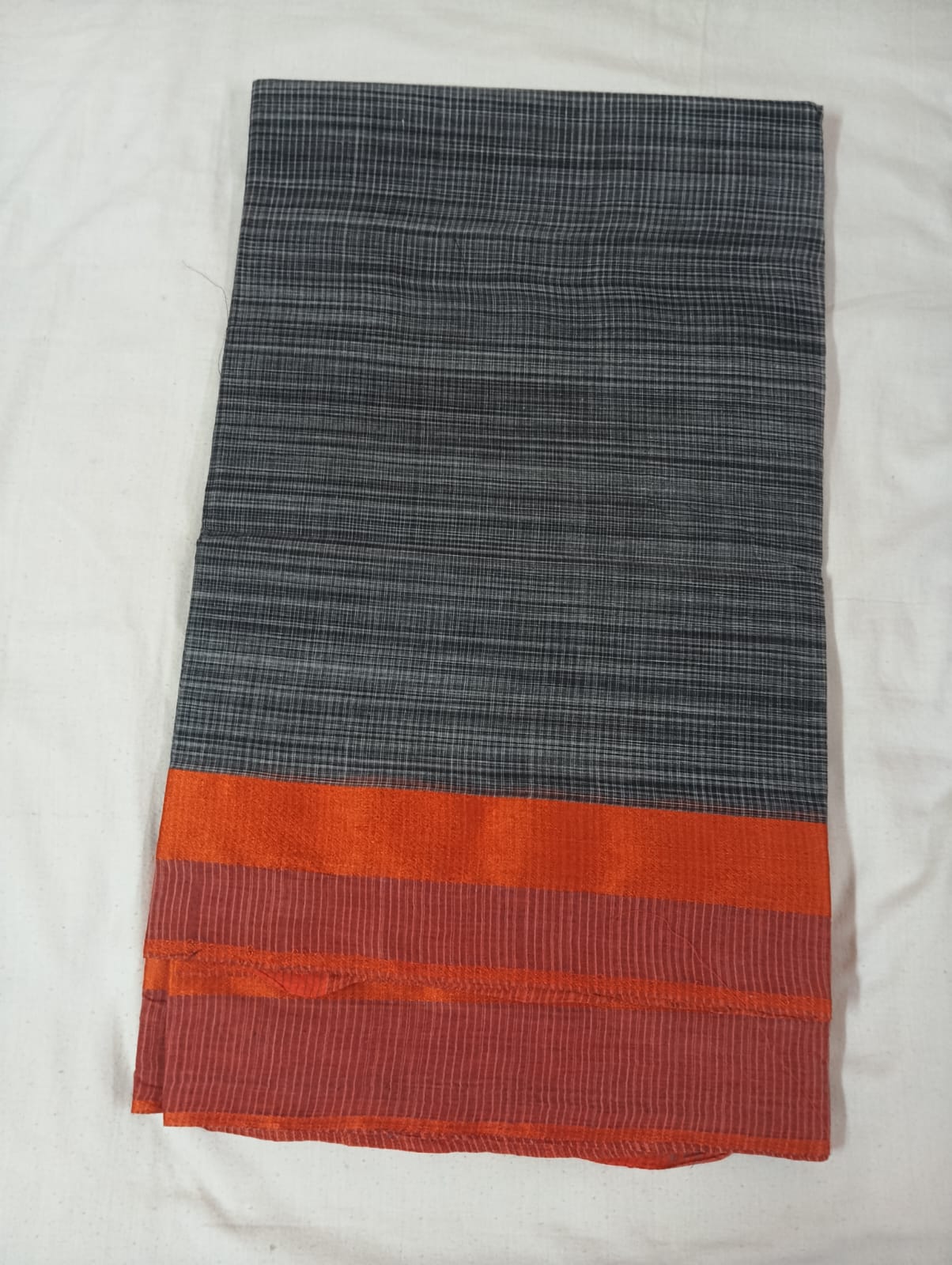 Small Chequered Dark Grey Saree with Orange Border