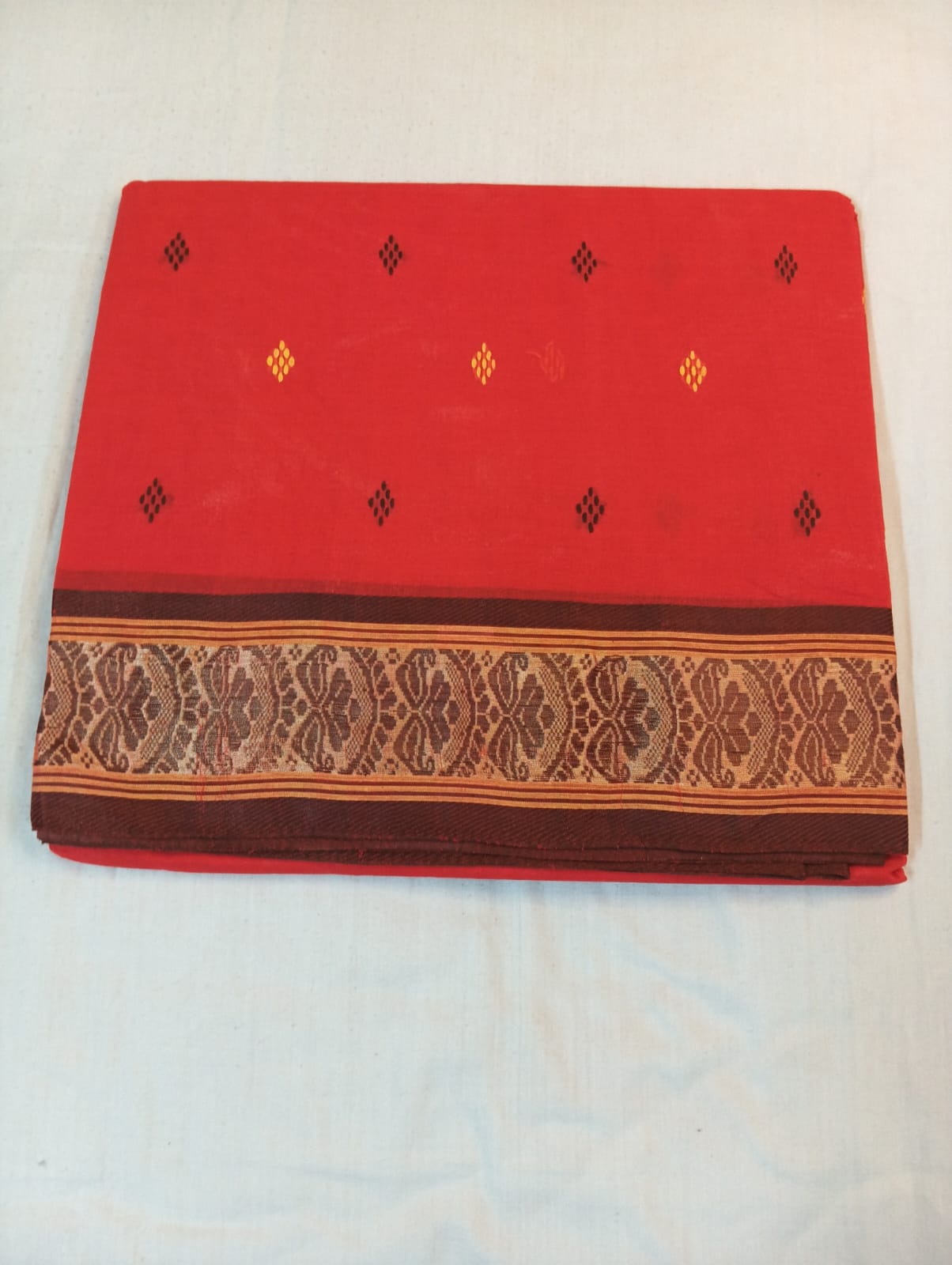 Gajari Color Saree with Maroon & Yellow Small Buti and Fancy Zari Border