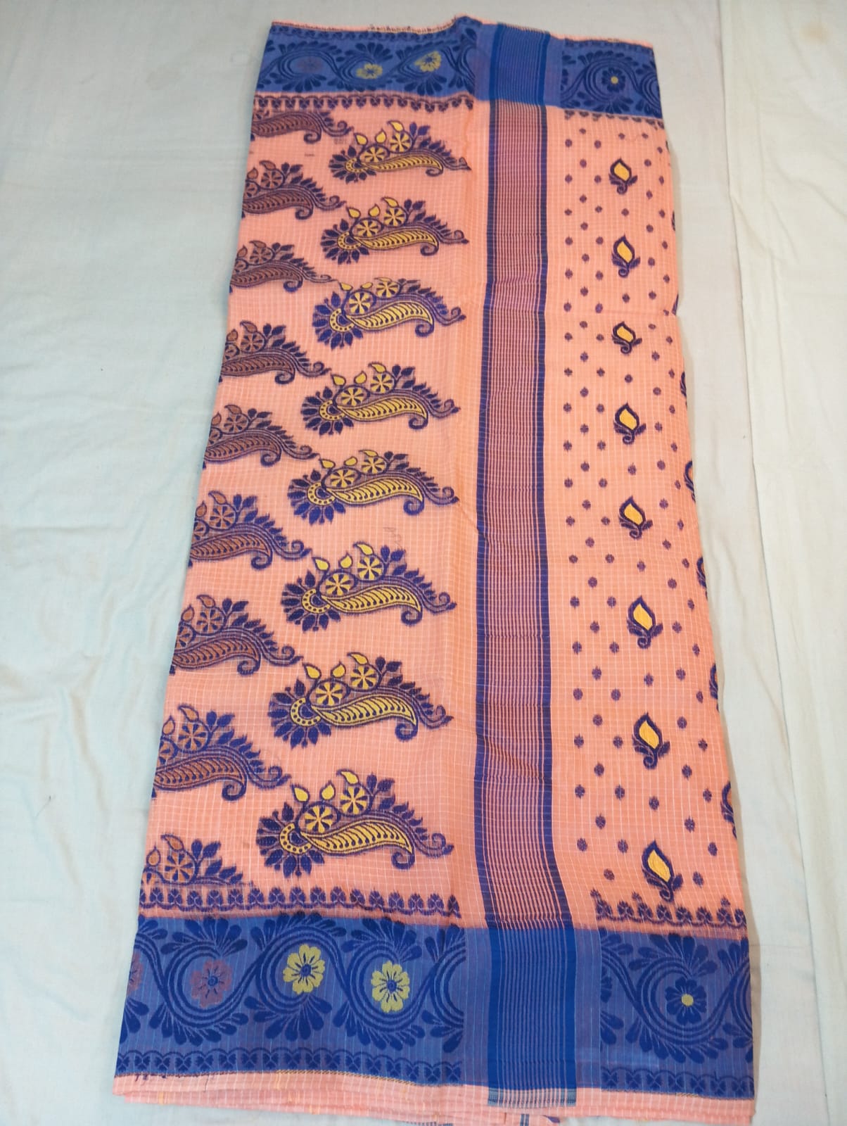 Light Peach Kota Check Saree with Fancy Buti, Royal Blue Border & Rich Pallu