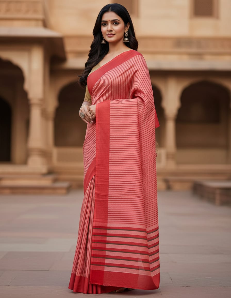 Elegant Light Pink Pinstriped Saree with Contrasting Red Border