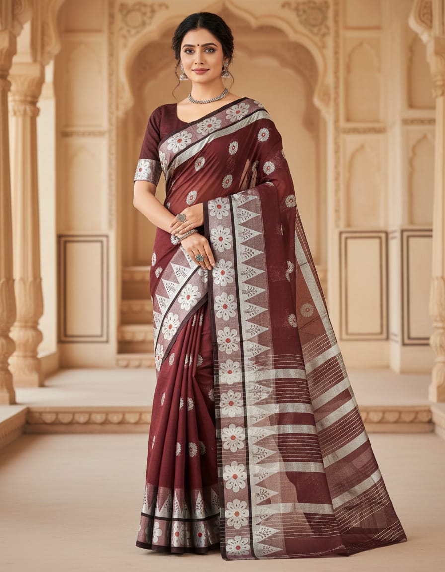 Dark Maroon Handloom Saree with Silver Buti Motifs