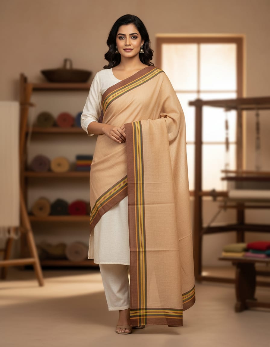 Biscuity Saree with Brown Striped Border