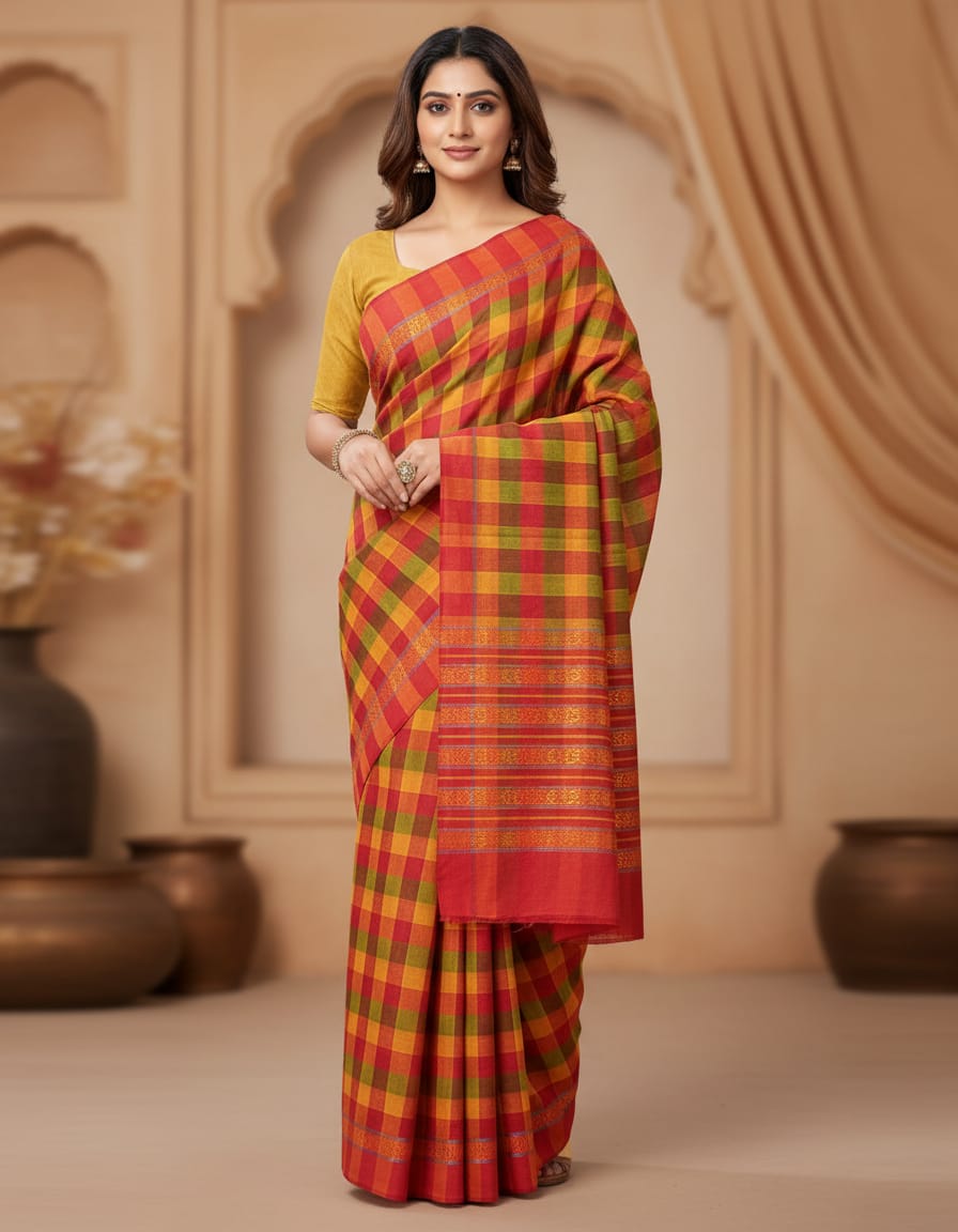 Double Color Yellow & Green Medium Check Saree with Orange Border