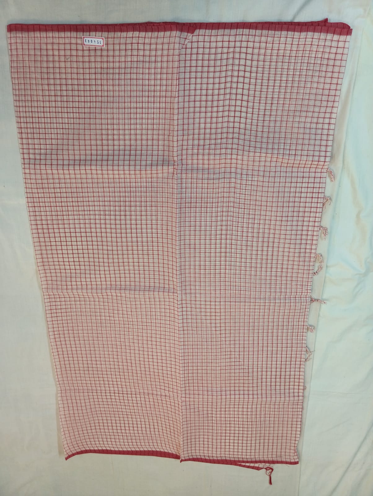 White Saree with Red Checks & Red Border