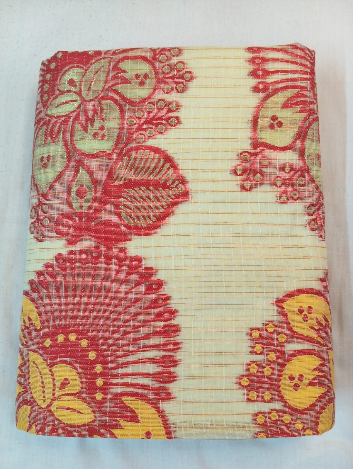 Cream Kota Check Saree with Maroon Fancy Buti, Red Border & Rich Pallu