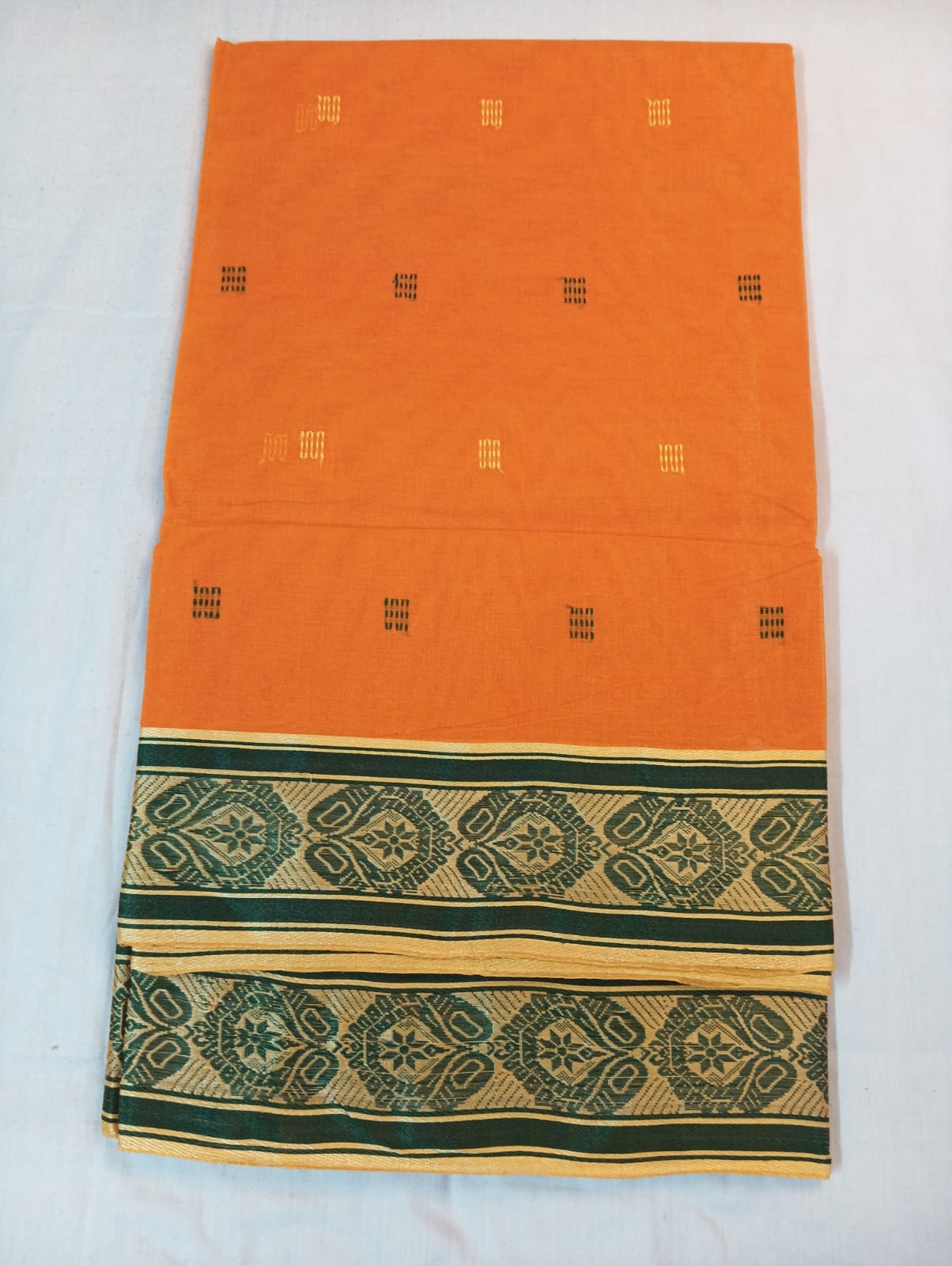 Orange Saree with Green & Yellow Small Buti and Green Fancy Zari Border