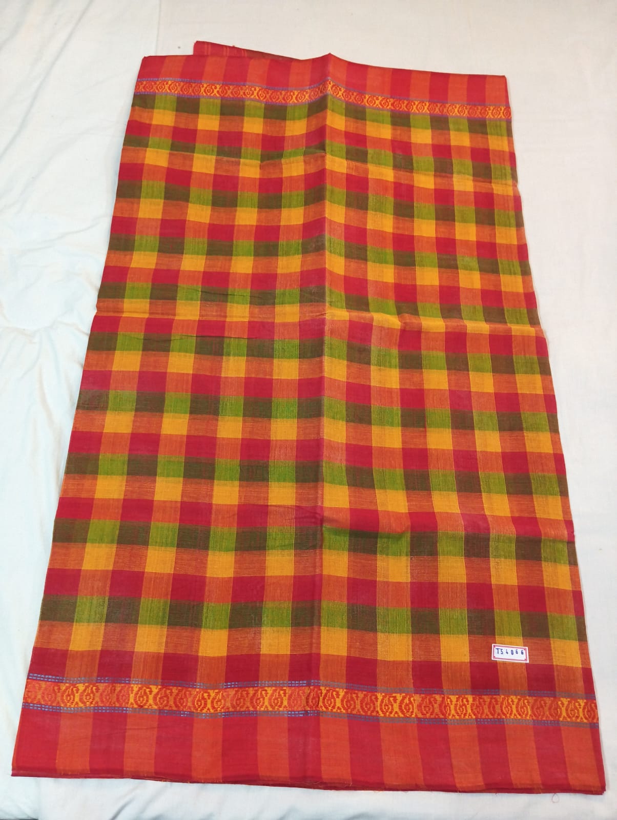 Double Color Yellow & Green Medium Check Saree with Orange Border