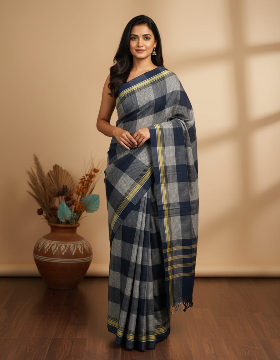 Grey & Cream Double Color Big Check Saree with Grey Border