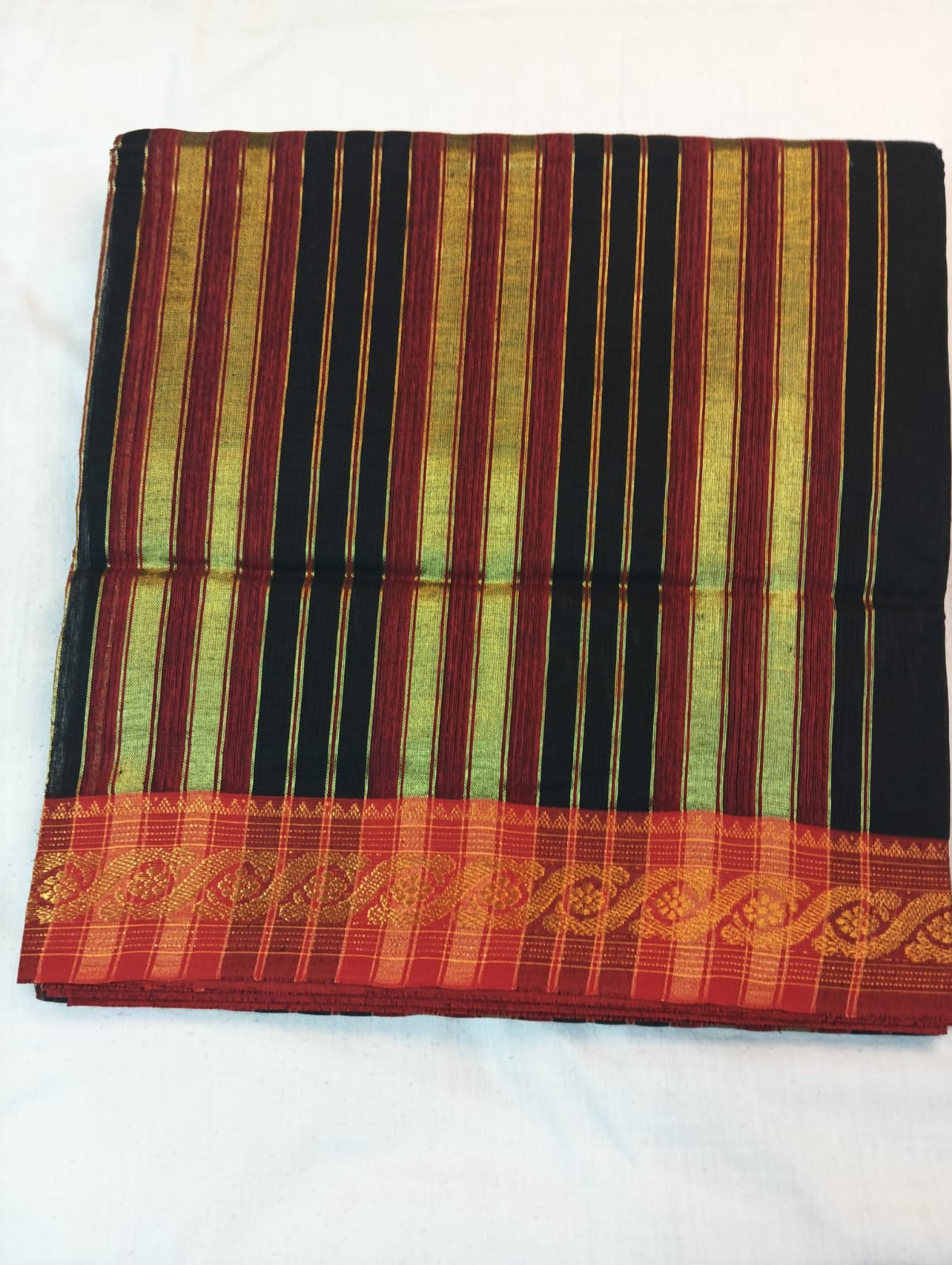 Elegant Black Saree with Red Border & Golden Striped Anchal